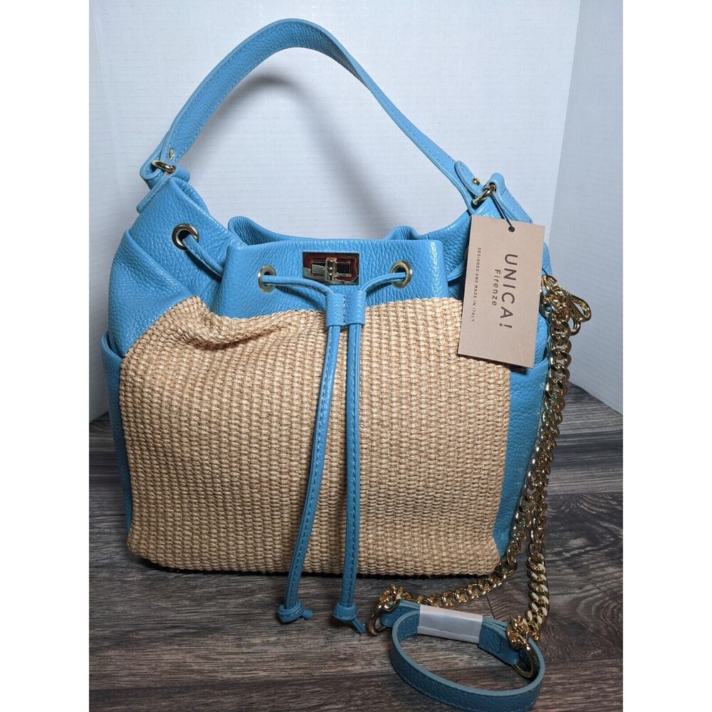 Unica Firenze Italian Leather Straw Handbag Light Blue NWT